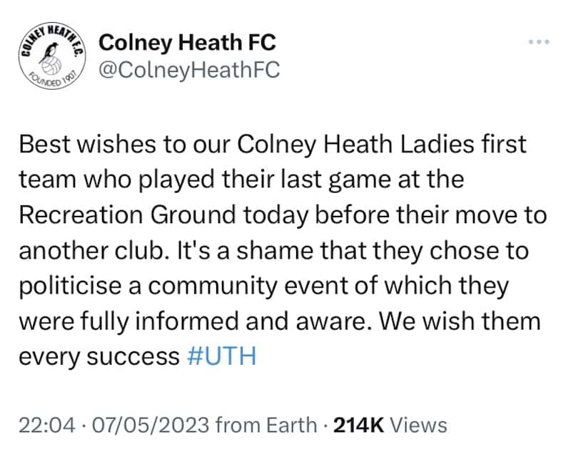 A bitchy tweet from Colney Heath FC in which they insincerely wish their ladies' side 'every success'.