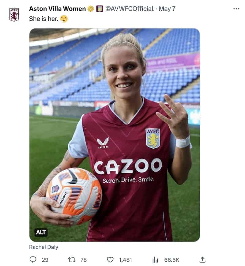 A tweet by Aston Villa Women with a picture of Rachel Daly celebrating a hat-trick.